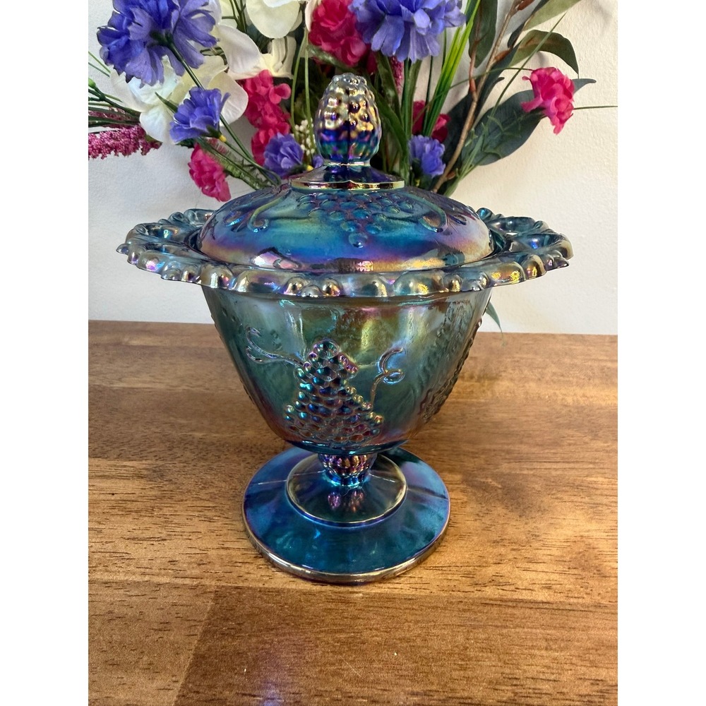 Vintage Indiana Glass Harvest Grape Blue Carnival Glass Covered Compote